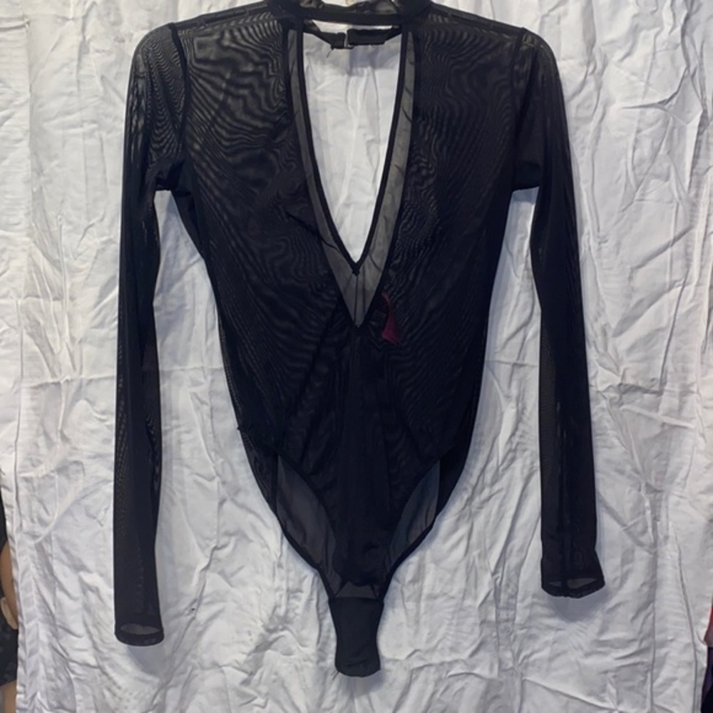 Ladies like new Body suit black see through mesh fabrics snap button sexy size S